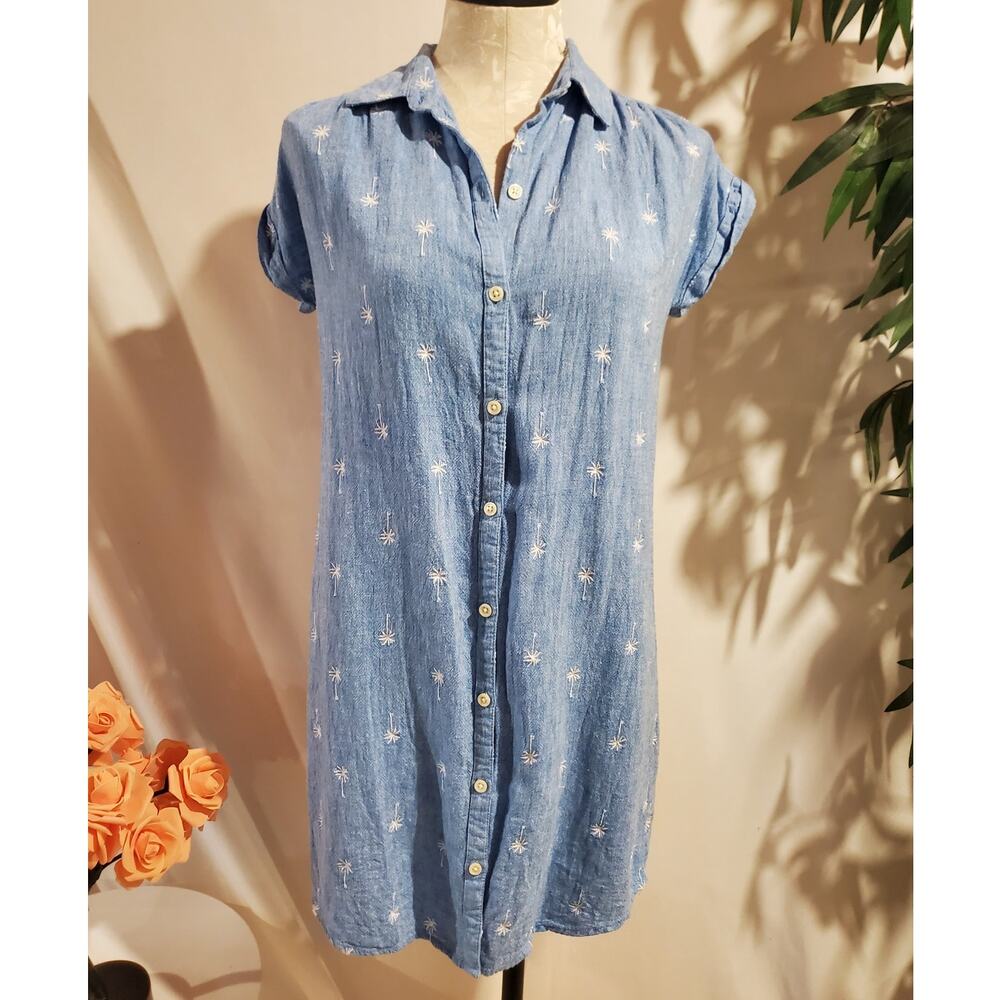 Old Navy Embroidered Palm Tree Linen Blend Button Dress Sz XS Short Sleeve Blue